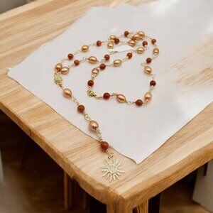 18K Gold Plated Lariat Necklace Set - Natural Cultured Pearl & Goldstone - Sun C